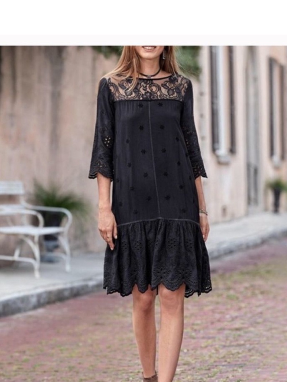 Sundance Nadine Black Lace Yoke eyelet Dress ladies size Large
